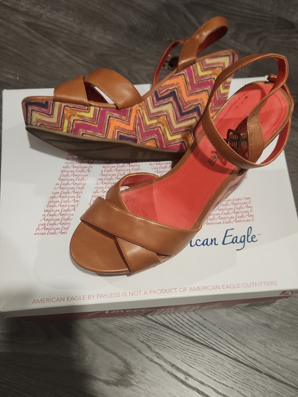 American Eagle Outfitters Tan Leather Wedge Sandals with Chevron Platform